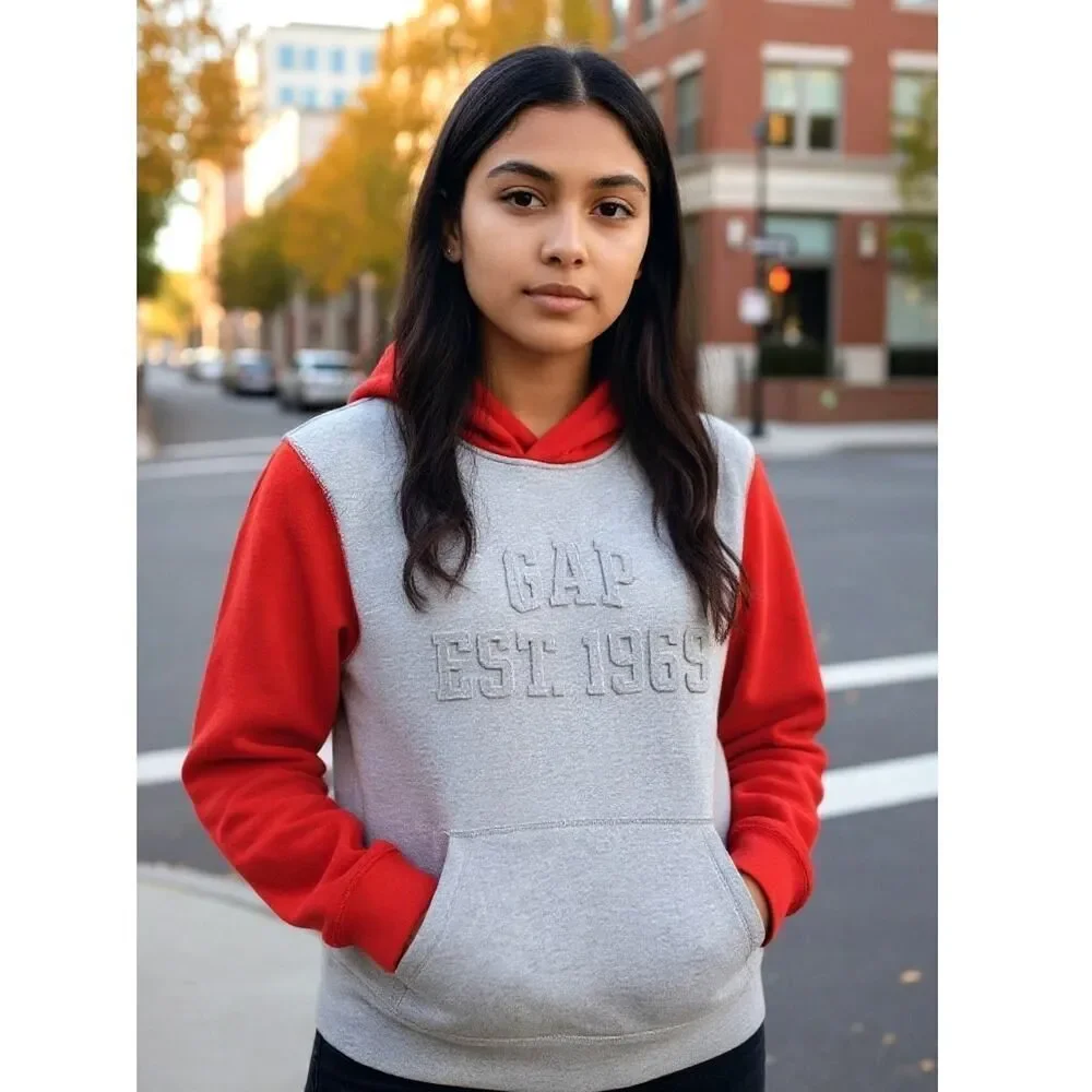 Gap Kids Girls Gray & Red Pullover Hoodie w/Raised Logo - Size XL (12)